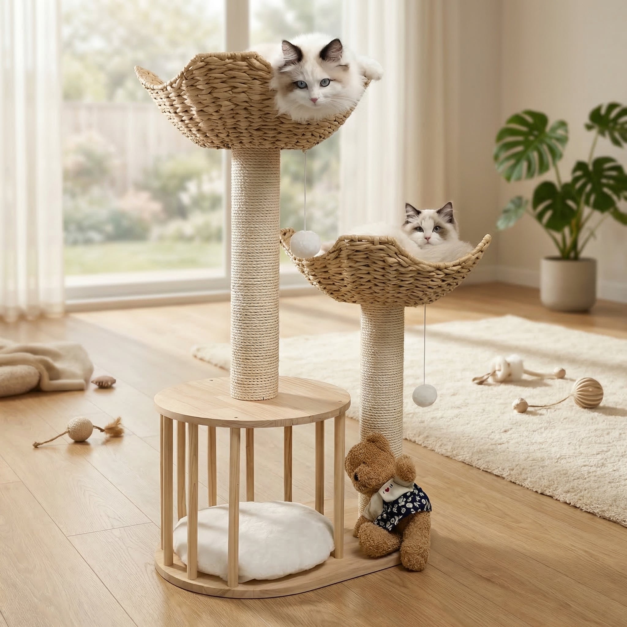 Arbre à chat en rotin avec jouets